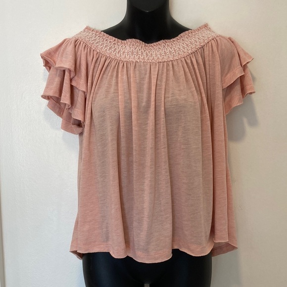 Muche Muchette Peach Top with Ruffled Sleeve and Ruching Size Medium/Large - Picture 1 of 9